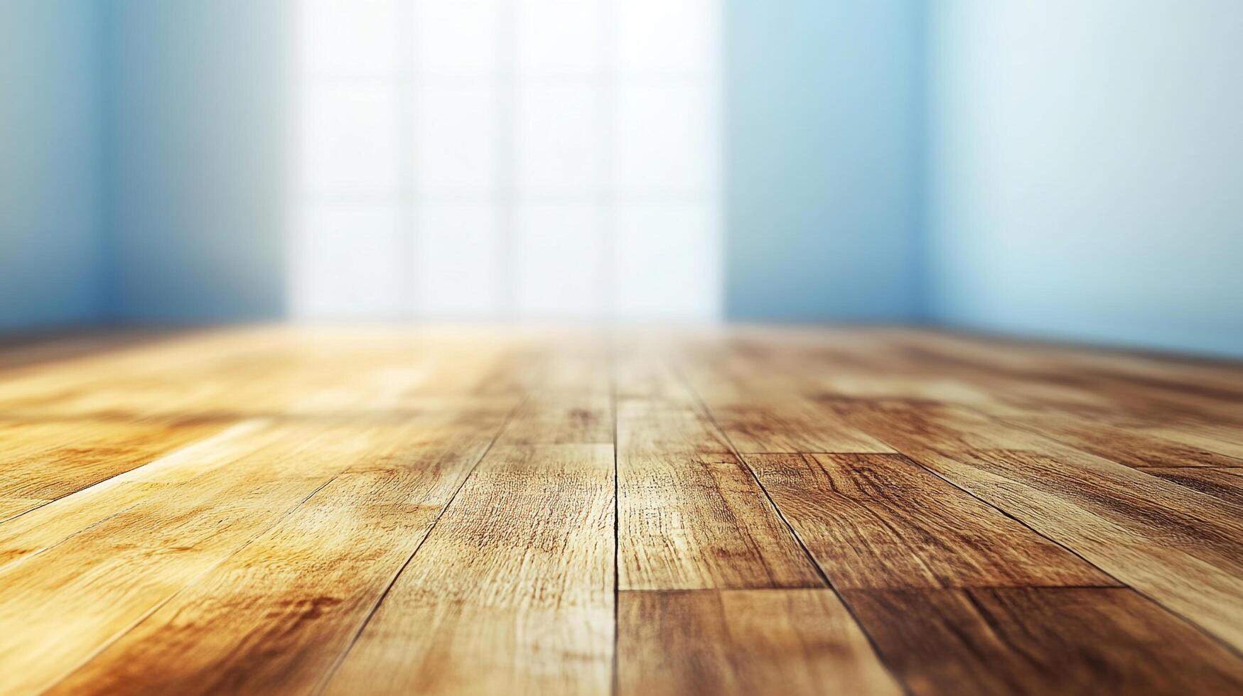 A close-up view showcases a warm, wood floor with a glossy finish in a bright room, highlighting texture and depth. Interior design element. photo