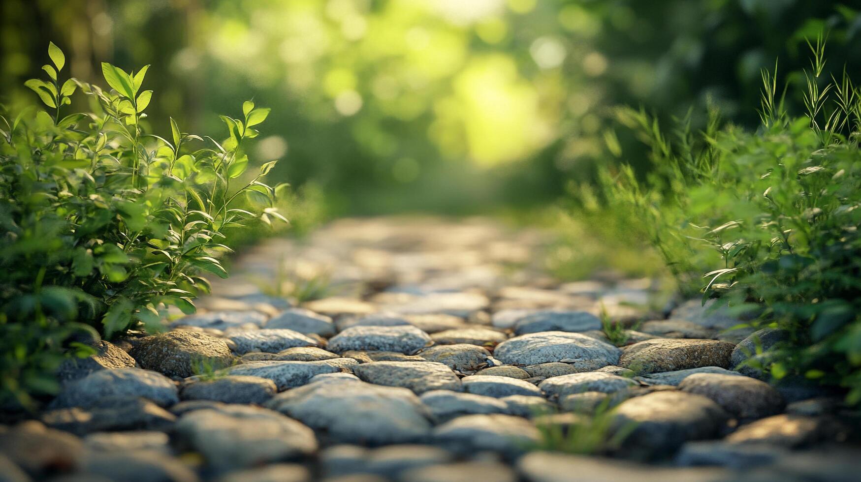 A peaceful stone path leads through lush green vegetation, dappled with sunlight, inviting exploration and serenity. photo