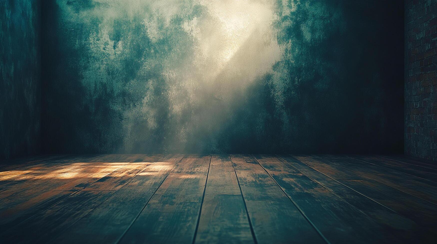 Atmospheric interior of a darkened room with light filtering through, creating a moody and evocative scene on the aged wooden floor. photo