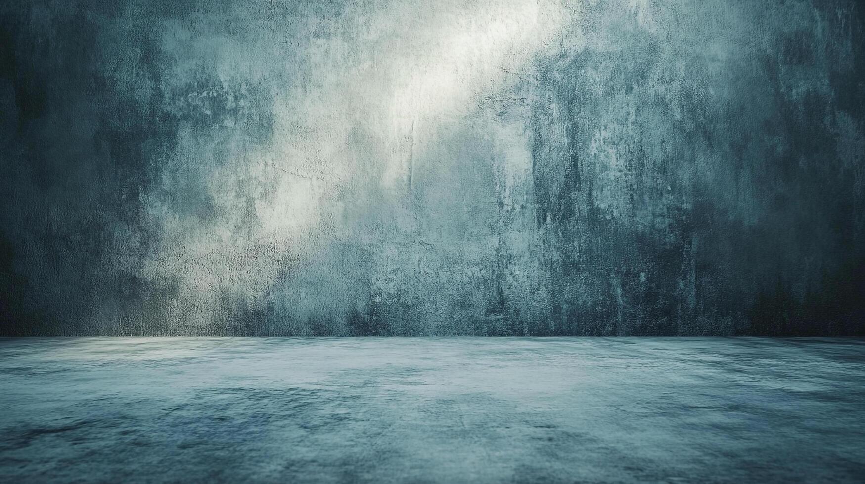 Abstract background featuring a distressed cement floor and wall. Light falls across the surface, enhancing the textured look. Cool tones present. photo