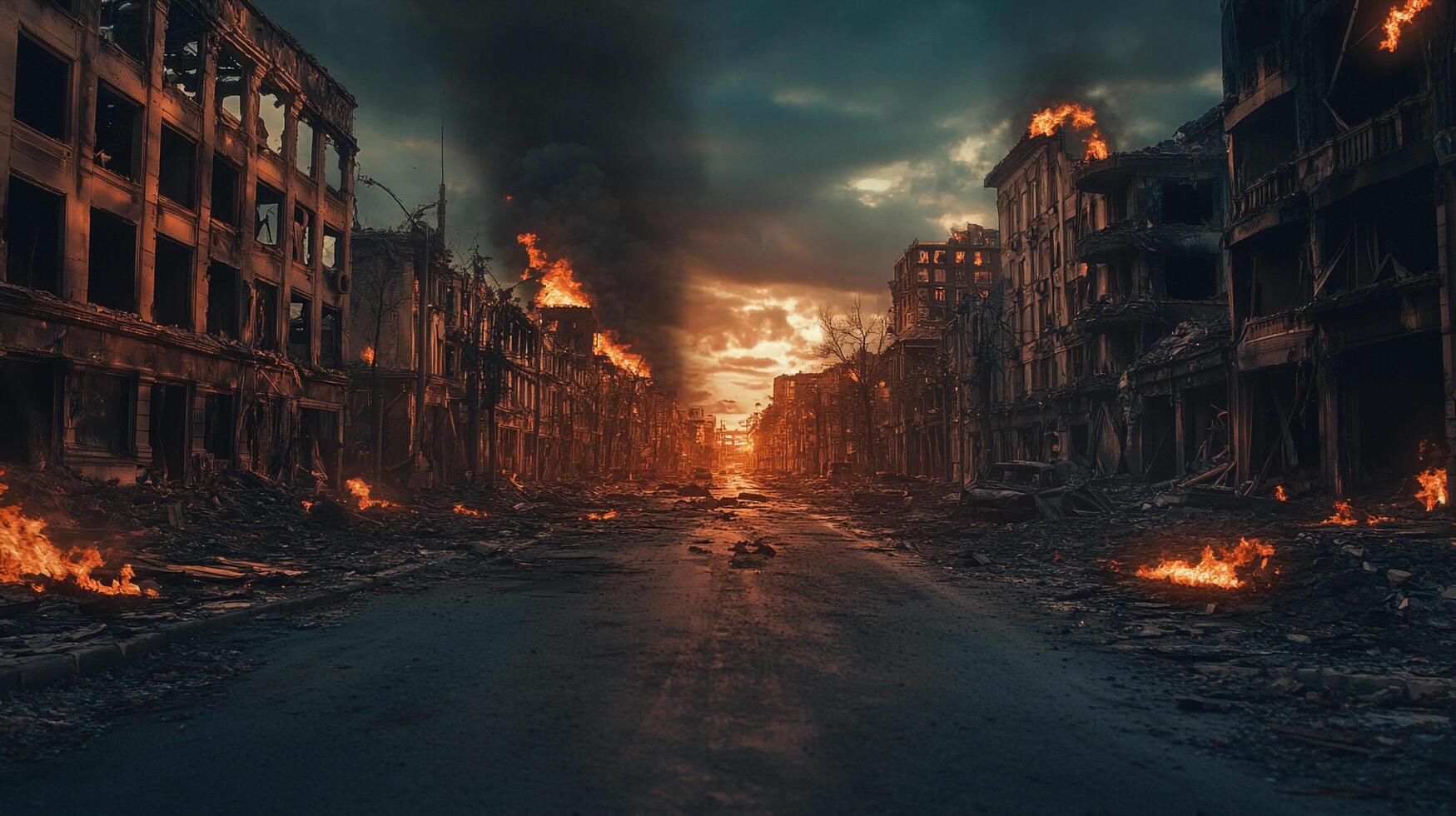 City street with buildings in ruins and a fire in the background. Scene is one of destruction and chaos photo