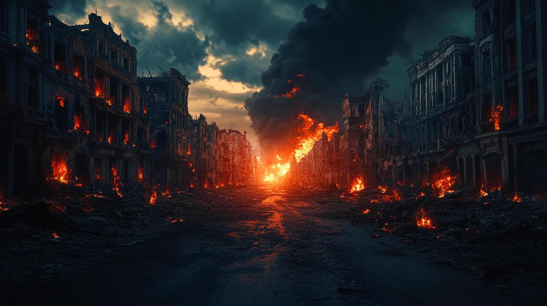 City is destroyed by fire, with a bright orange sun in the background. The scene is dark and ominous, with the fire and smoke creating a sense of chaos and destruction photo