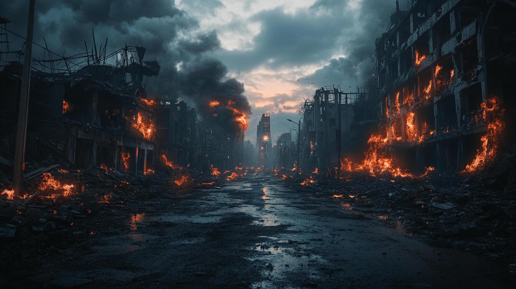 City is destroyed by fire, with buildings in ruins and a dark sky overhead. Scene is one of devastation and despair photo