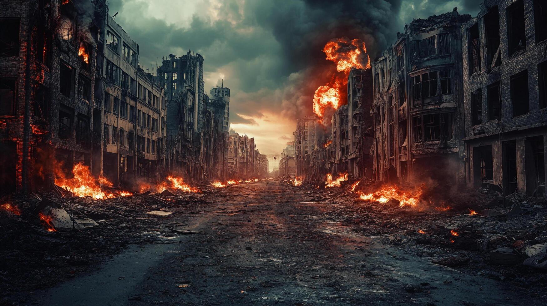 City is destroyed with fires and rubble. The sky is dark and cloudy. Scene is one of destruction and chaos photo