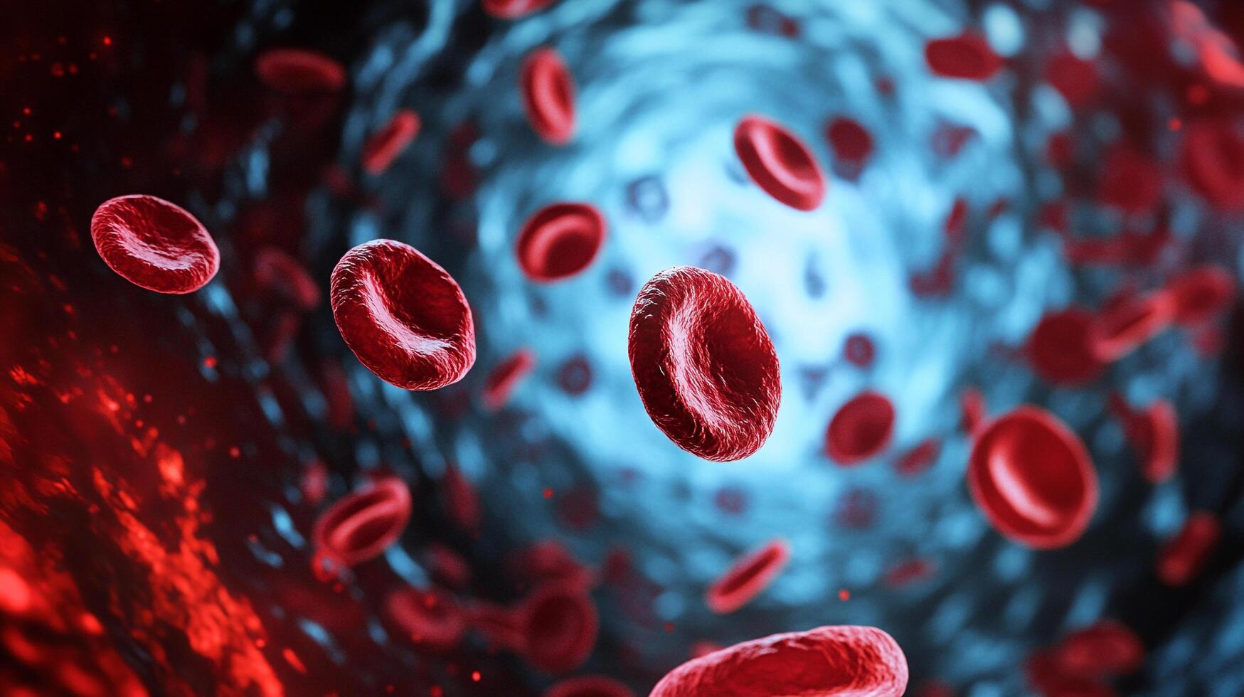 Close up of red blood cells in a blue and red background. The red blood cells are scattered throughout the image, with some closer to the foreground and others further back photo