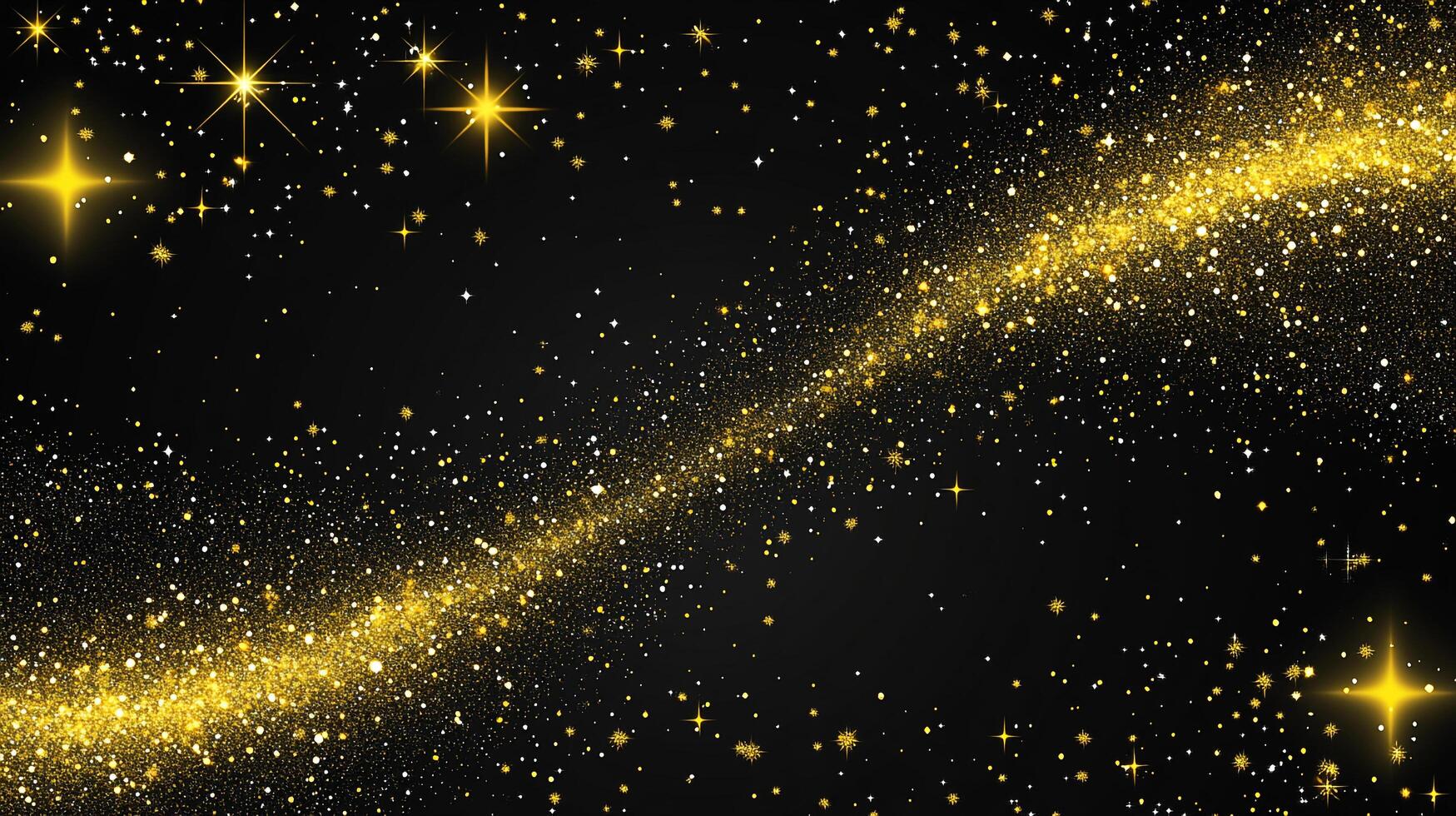 Black background with a long line of gold glitter. The glitter is scattered all over the background, creating a sense of movement and energy. The image evokes a feeling of excitement and celebration photo