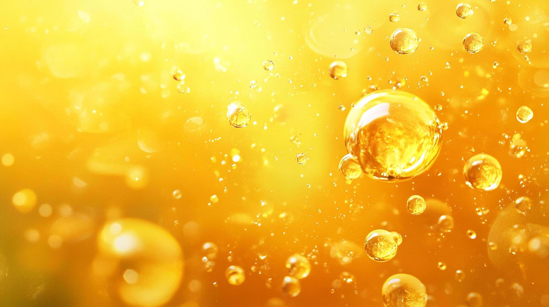 Yellow background with many small bubbles of water. The bubbles are scattered throughout the image, creating a sense of movement and energy. Scene is light and playful photo