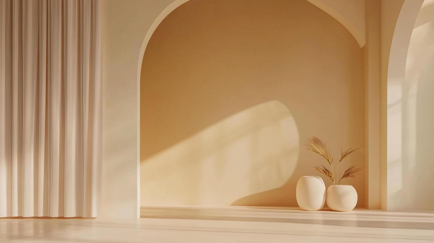 Beige interior space with elegant archways, soft lighting, neutral tones, a curtain and plant decorations creating a calm atmosphere. photo
