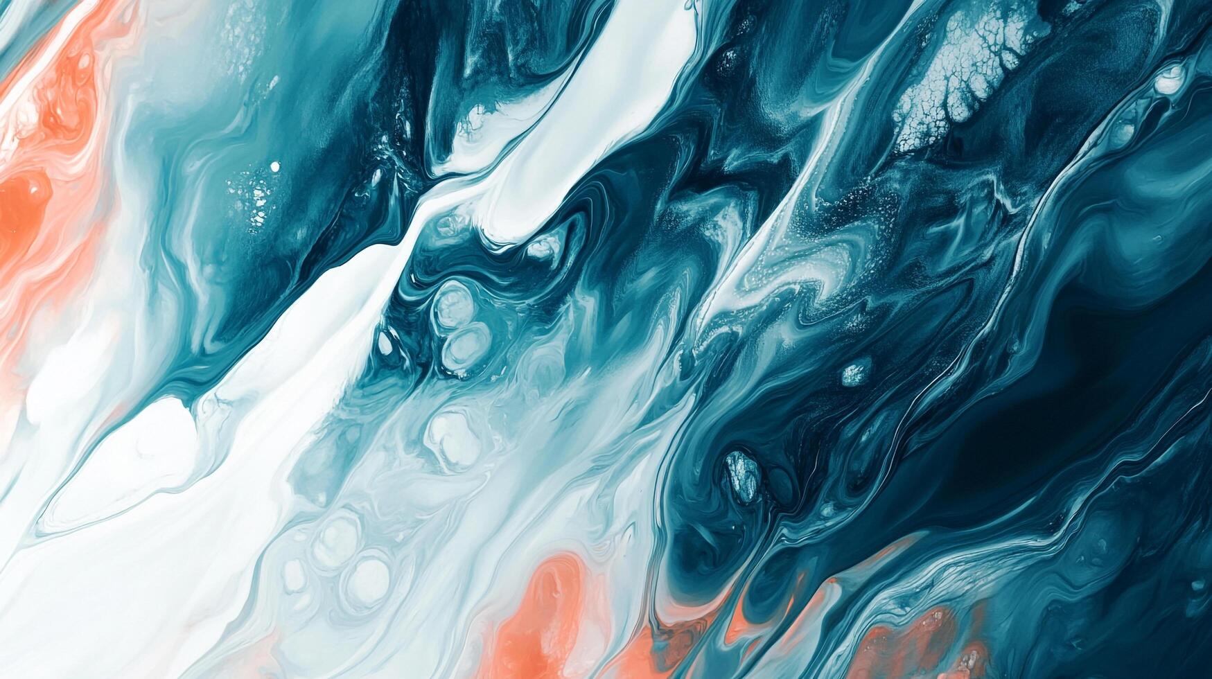 A dynamic abstract art piece featuring swirling patterns of teal, white, and coral. Liquid textures create a sense of movement. photo