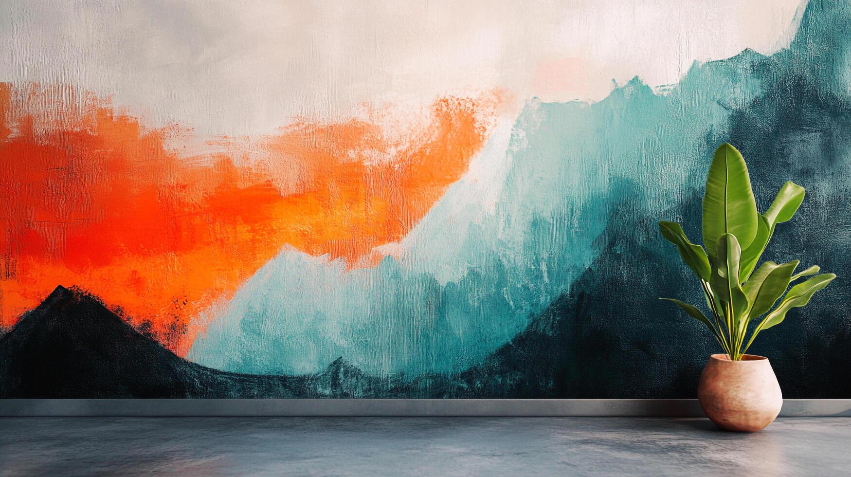 Abstract mountain mural accentuates this peaceful indoor space, complemented by a vibrant plant. A modern touch for any home or office. photo