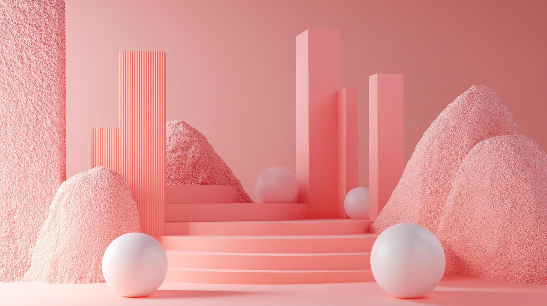 Minimalist coral scene featuring geometric solids, textured forms, and spheres on a stepped platform under soft, diffused lighting. photo