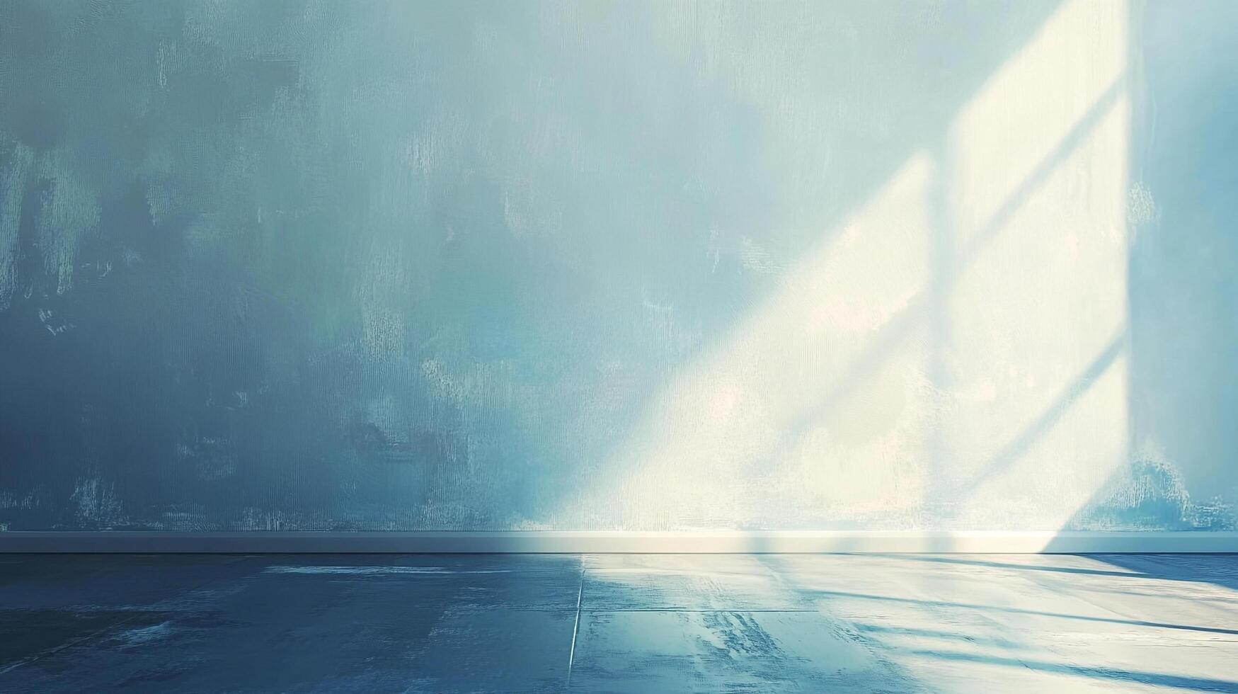 Abstract interior showcasing natural light patterns dancing on a textured blue wall, creating a serene and minimalist atmosphere. photo