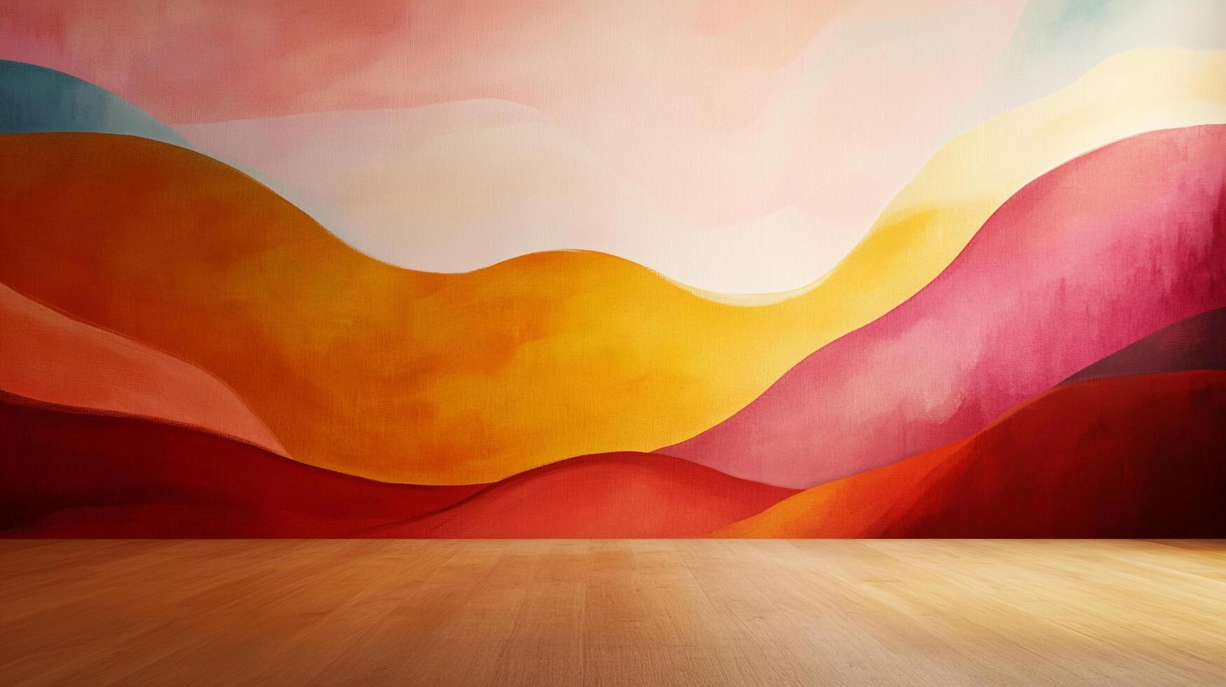 Abstract backdrop features flowing shapes in warm hues, from red and orange to yellow and pink, on an open floor, inviting creativity. photo