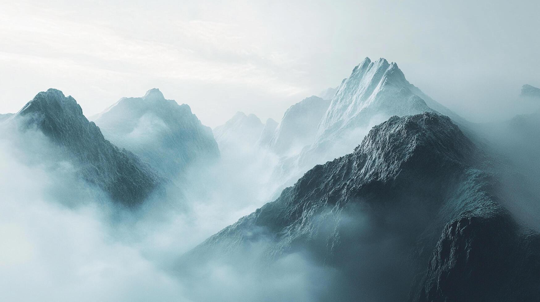 Misty mountain peaks rise above the clouds, creating an ethereal and serene landscape, evoking a sense of tranquility and natural wonder. photo