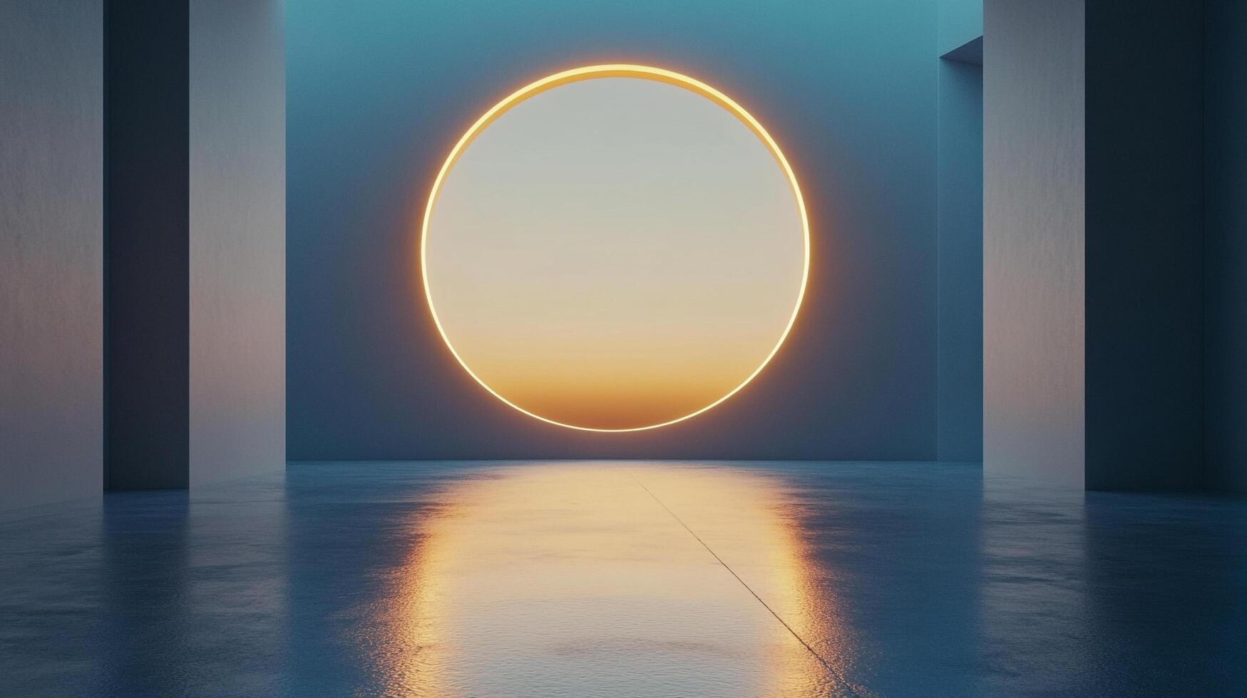 Illuminated portal to another world. Abstract space with a glowing circle. Modern architecture creates a surreal sunset effect. photo