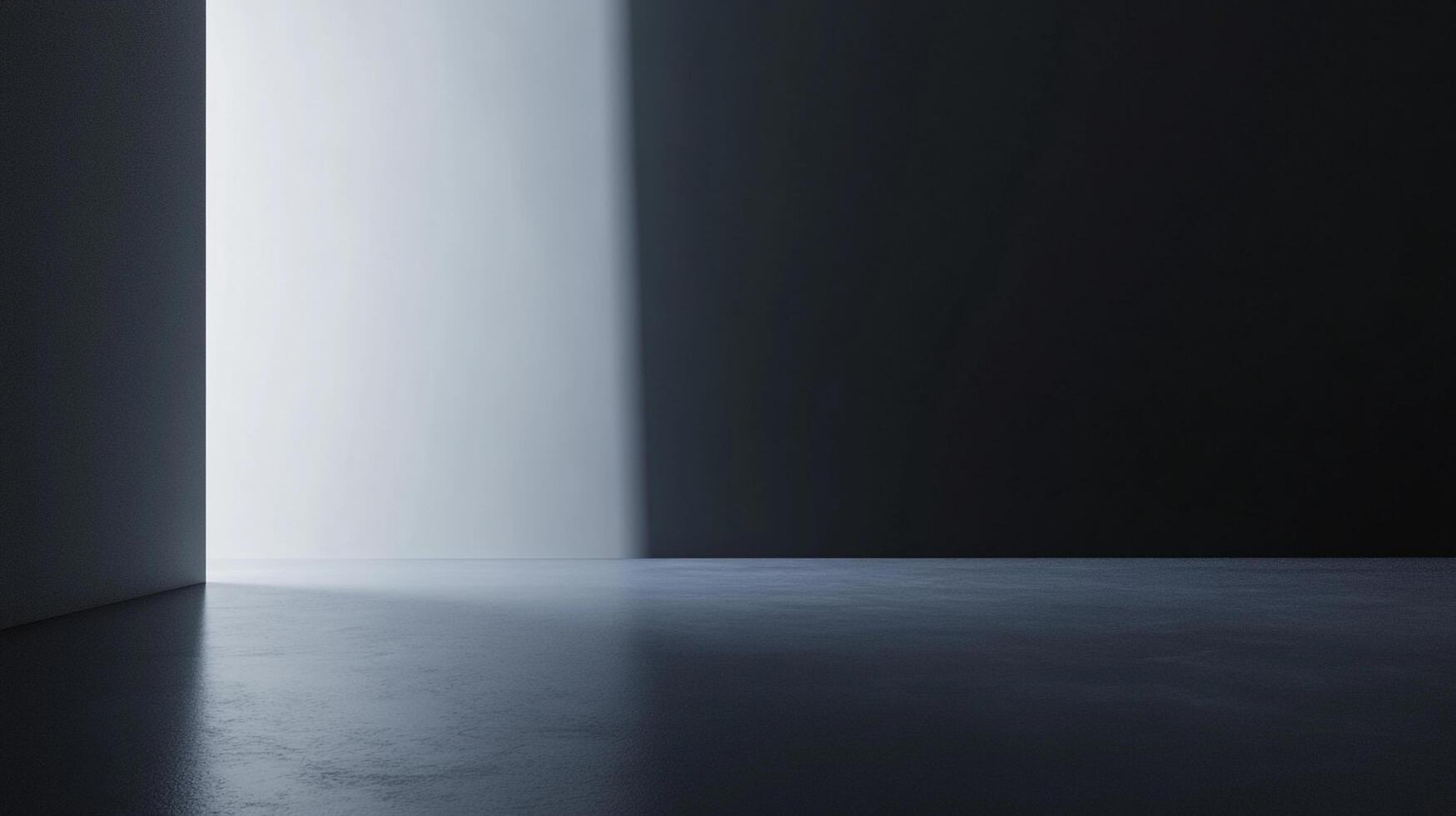 An empty studio space features a bright light casting dramatic shadows across a dark floor, creating a minimalist, stark aesthetic. photo