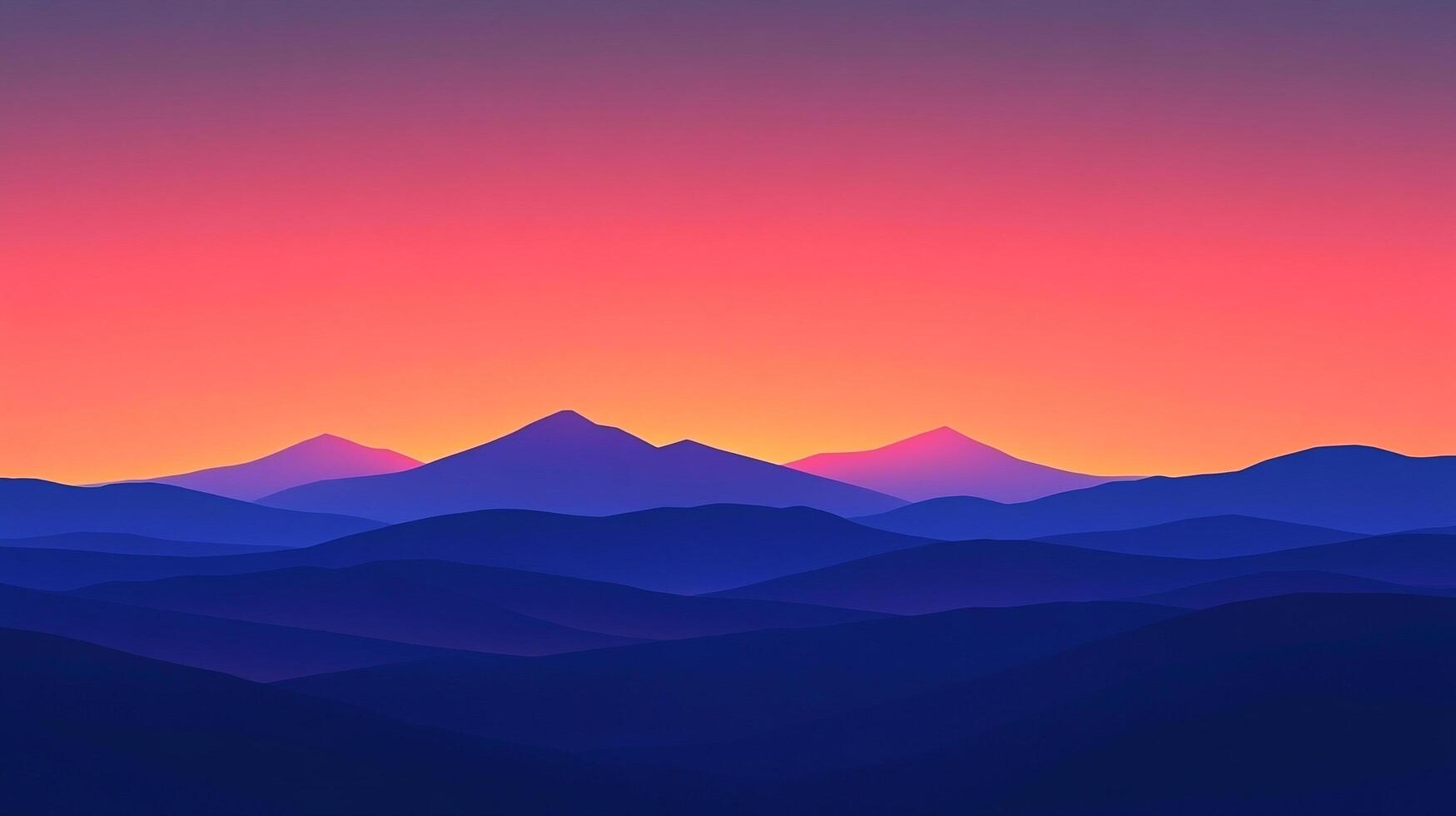 Minimalist mountain range at dawn with an orange and purple gradient sky casting shadows and highlighting the ridges and peaks. photo