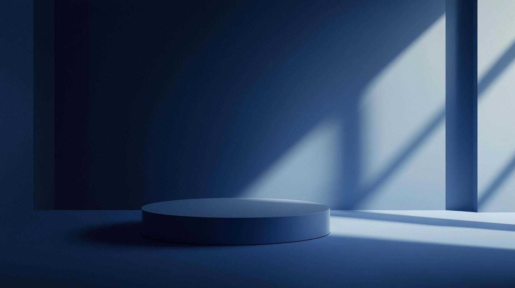 Minimalist podium under natural light in indigo tones, showcasing a product display in a serene and stylish studio setting. Modern aesthetic. photo