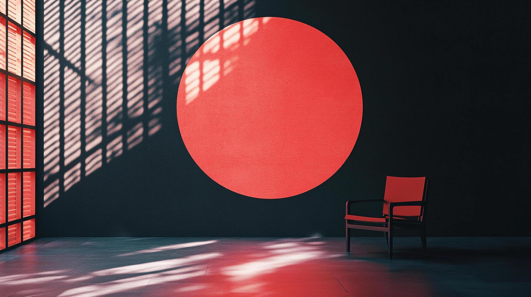 Dramatic interior featuring a vibrant red circle on a dark wall, complemented by shadows and a modern chair for a striking visual contrast. photo