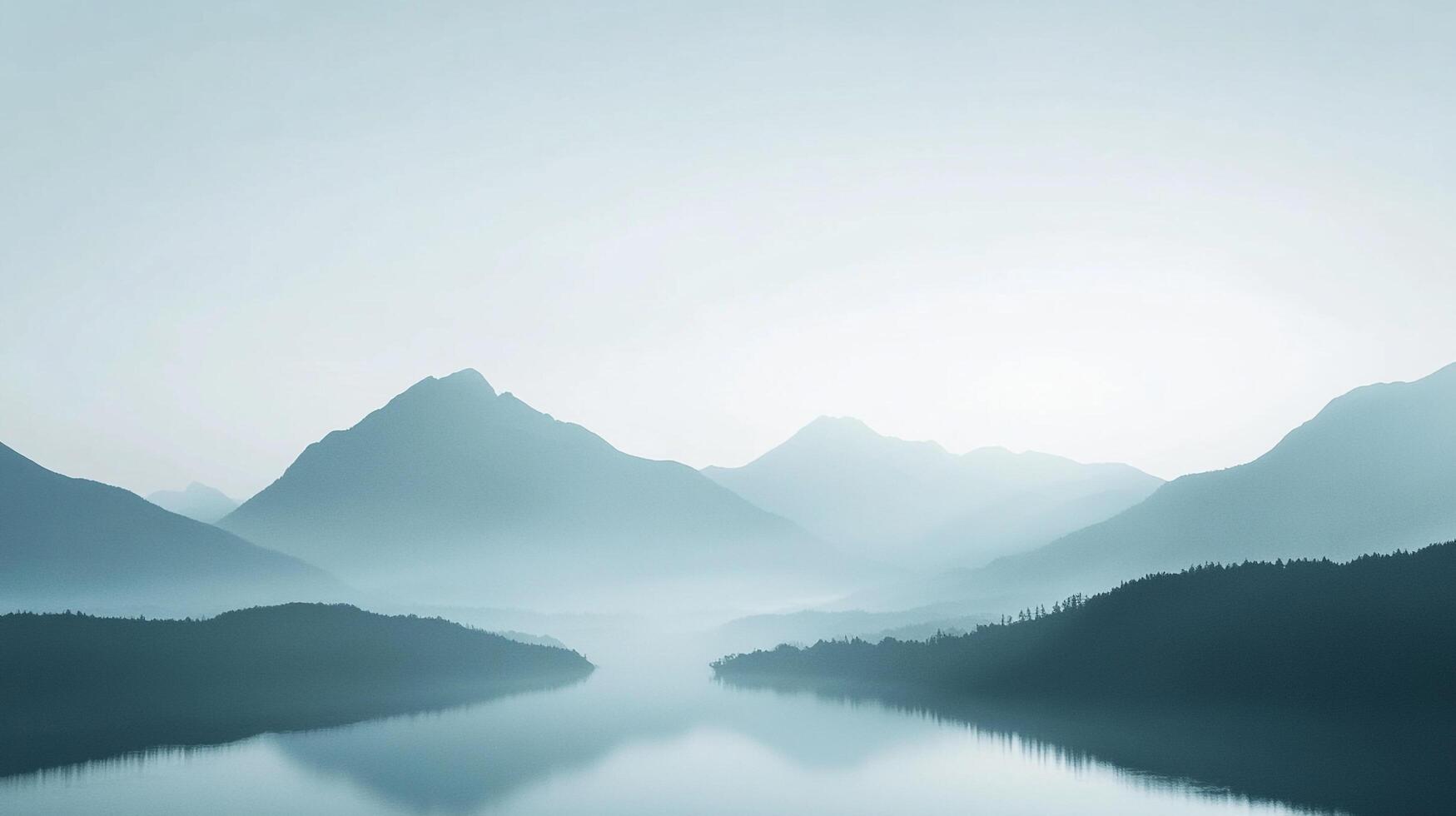 Serene mountain range reflected in calm waters, shrouded in a delicate, atmospheric mist creating a peaceful, dreamlike landscape. photo