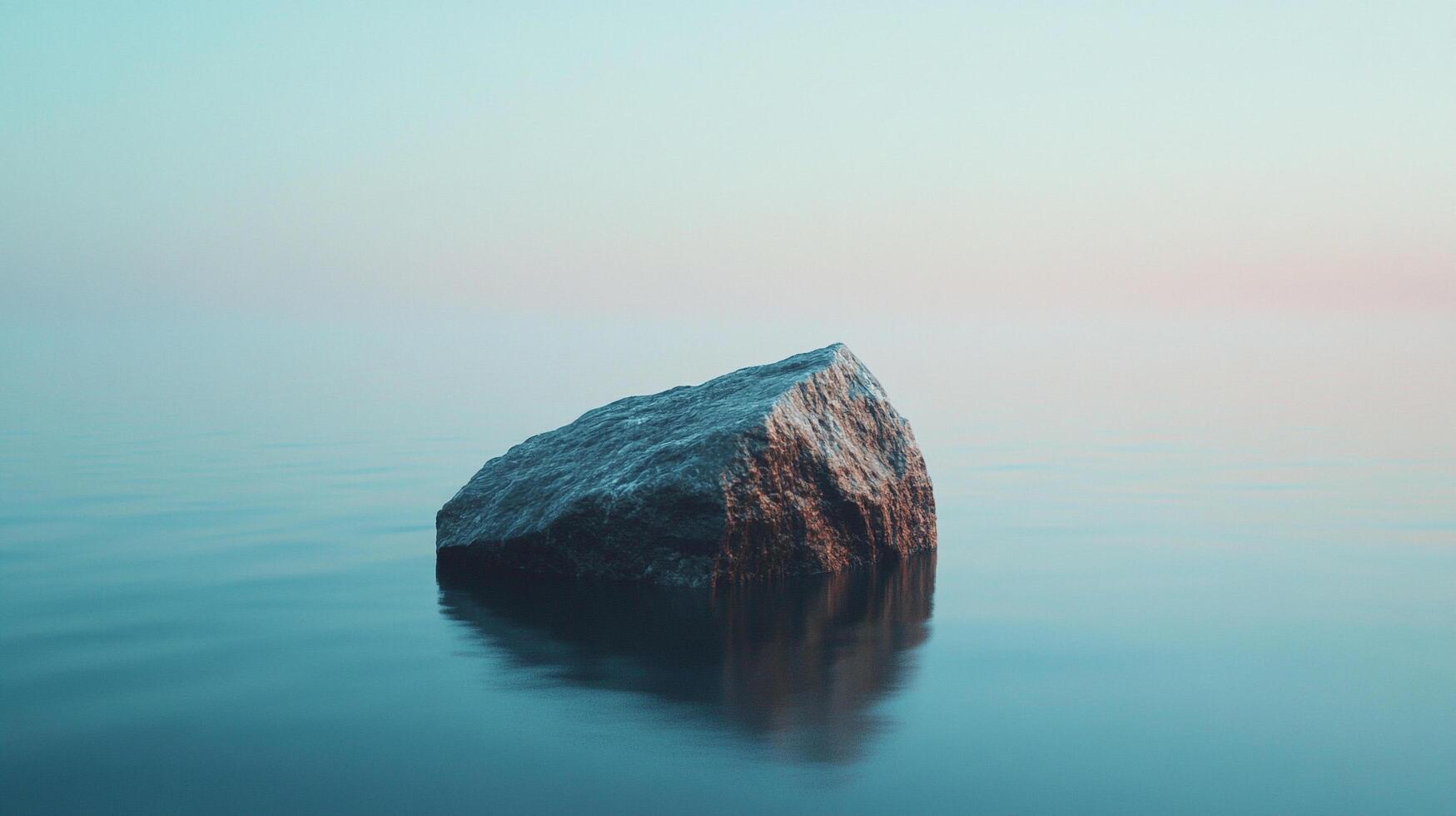 A solitary rock emerges from the tranquil blue water, reflecting the soft light of the sky. Serene seascape for contemplation. photo