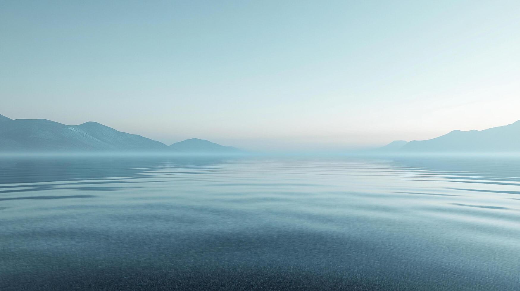A serene scene of a calm lake reflecting distant mountains under a pale, quiet sky, evoking a sense of peace and solitude. photo