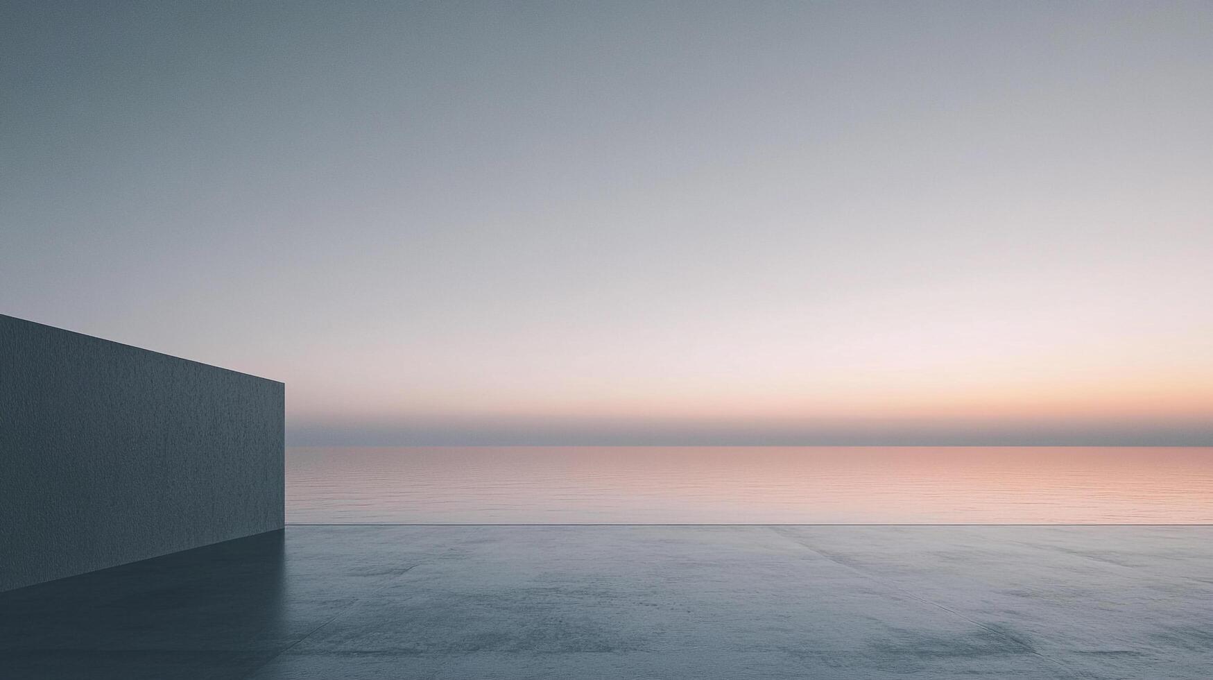 Minimalist seaside scene with a concrete platform and wall facing a calm ocean under a pastel sunset sky, evoking serenity and tranquility. photo