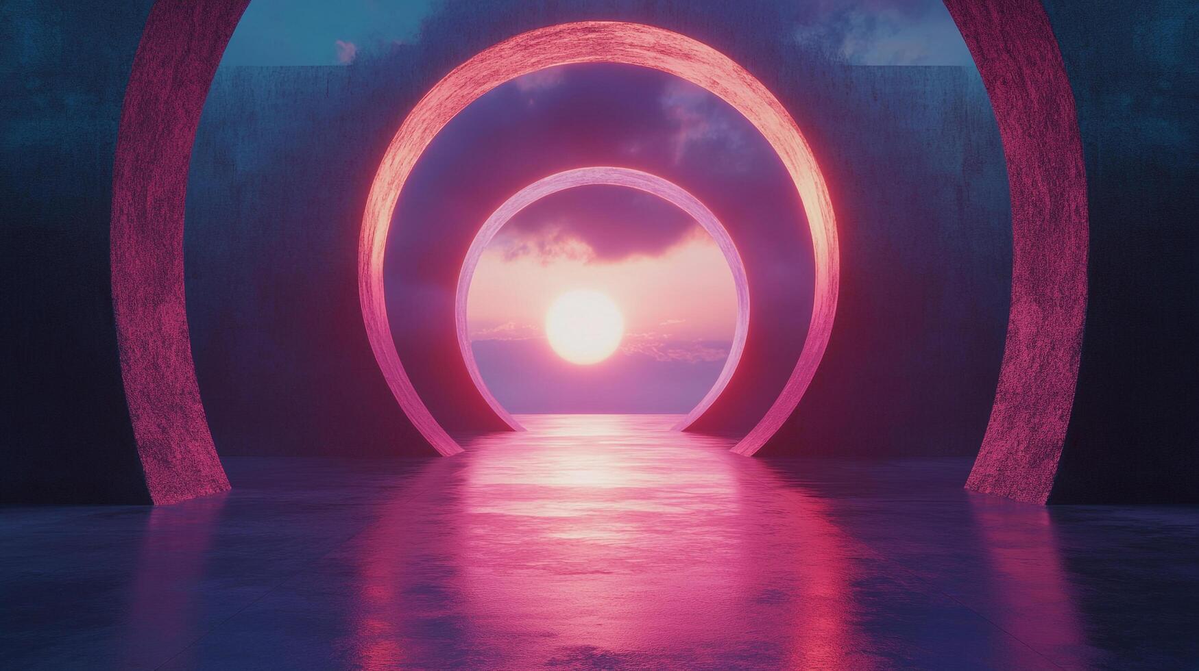 Abstract rings frame a luminous sunset, reflecting its pink and purple hues on a sleek, modern surface. A dreamy, surreal composition. photo