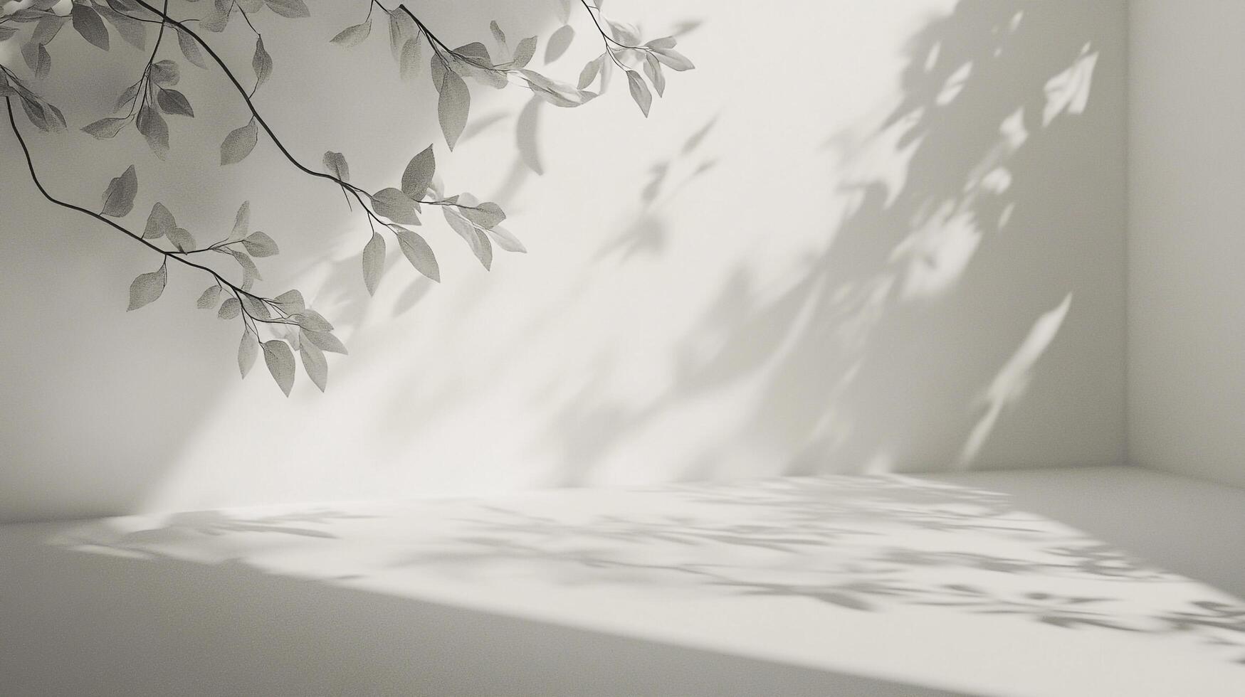 Minimalist room corner with a softly lit backdrop, accentuated by leaf shadows creating an atmosphere of serene elegance and peacefulness. photo