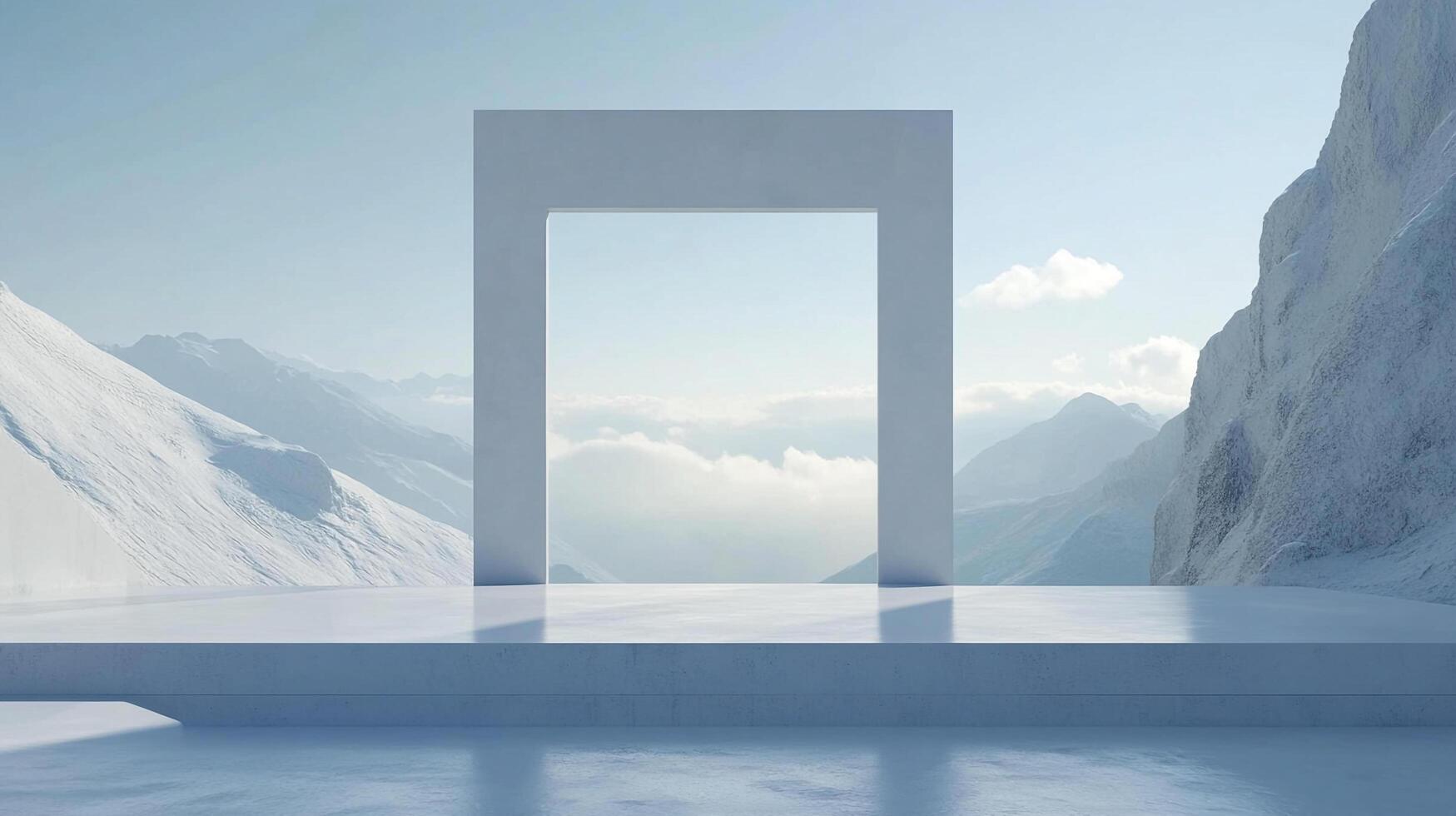 Abstract archway overlooks snowy mountains and a cloudscape, providing a serene and minimalist view with a sense of journey and escape. photo