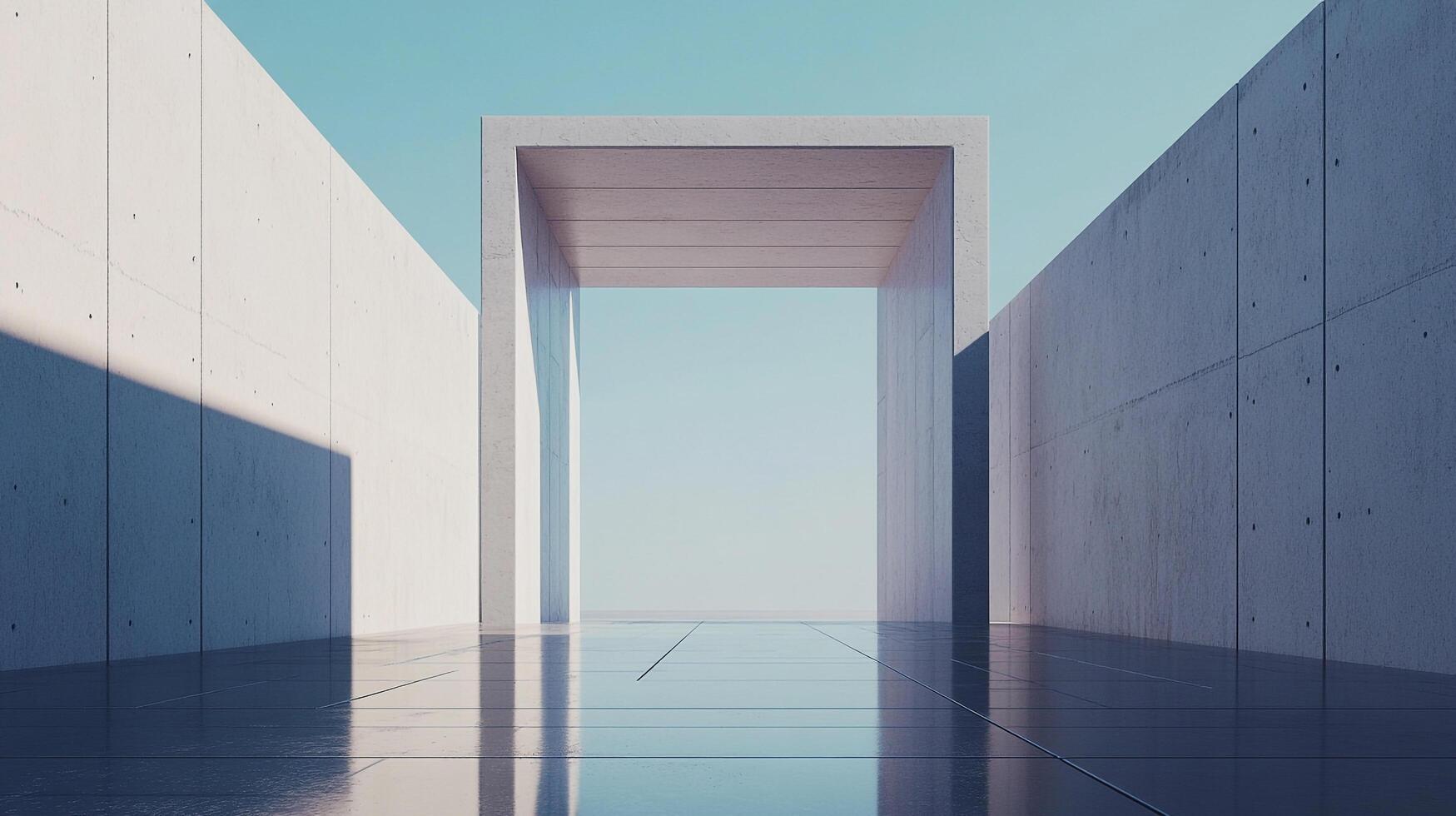 Minimalist architectural design featuring concrete walls and a striking doorway against a clear sky, showcasing modern simplicity. photo
