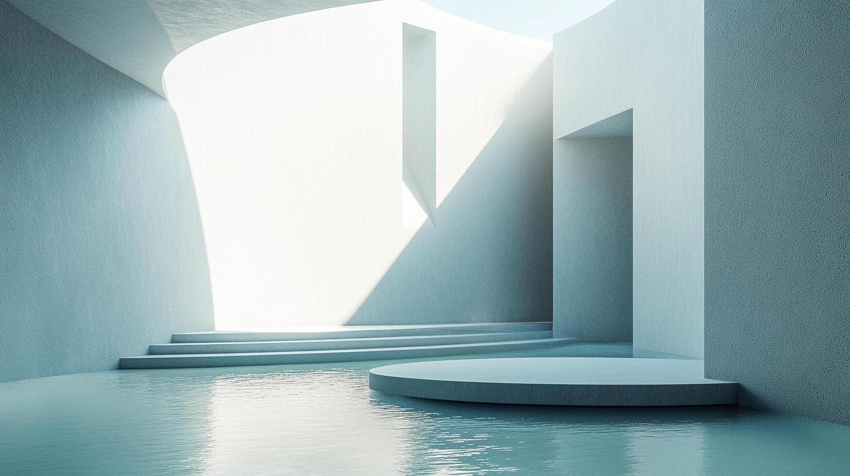Minimalist architectural space with water. Bright white walls and ample light create a serene and contemplative environment. photo