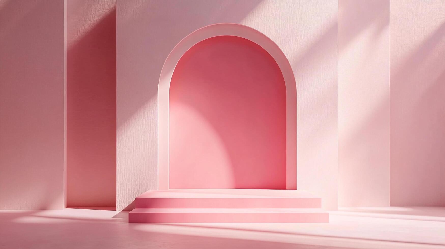 Abstract pink archway backdrop with minimalist design and sunlit shadows. Soft pastel hues create a serene and artistic atmosphere. photo