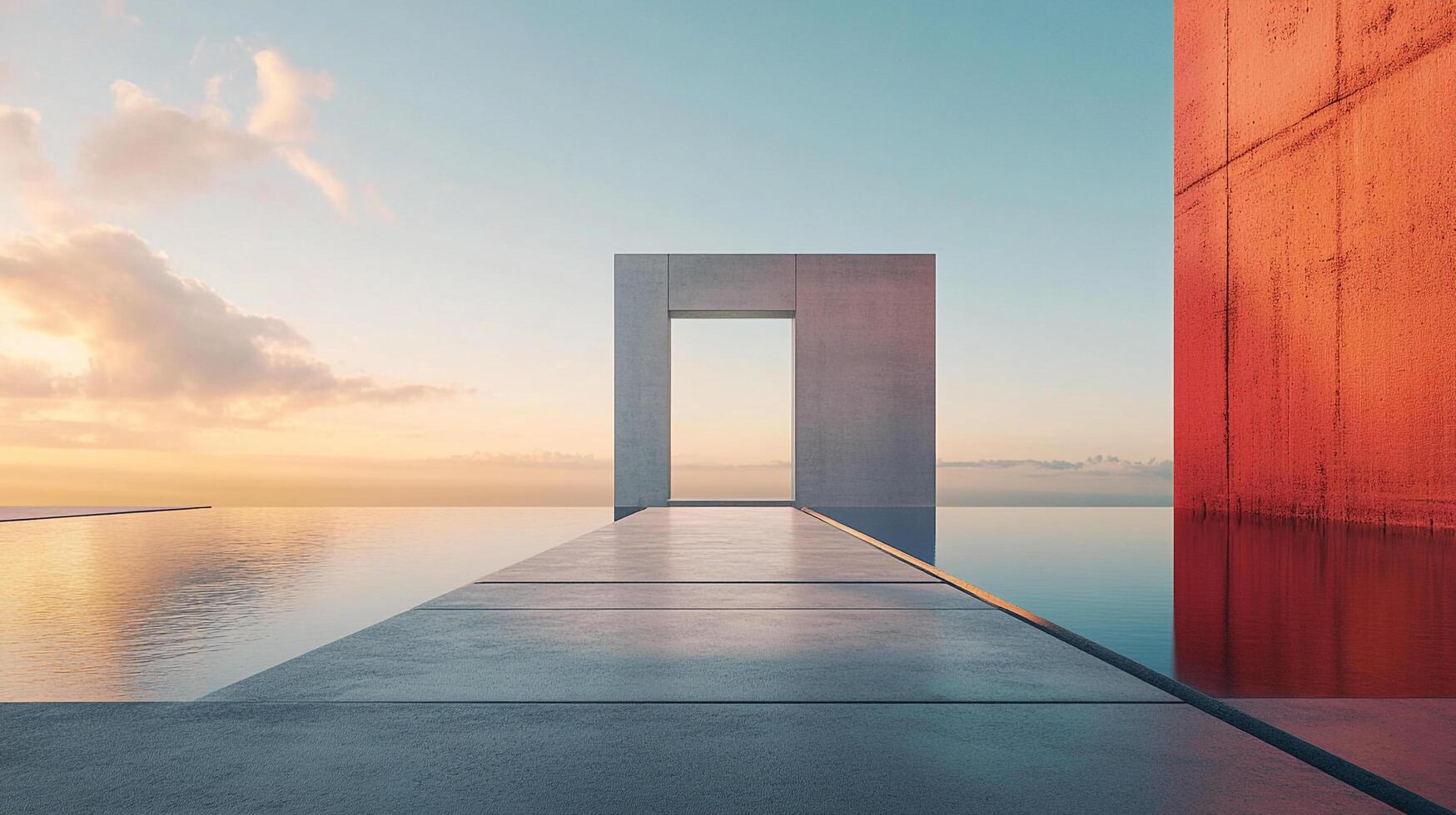 Minimalist architectural marvel overlooking tranquil waters under a pastel sky. Serene and contemplative. Modern construction on the horizon. photo
