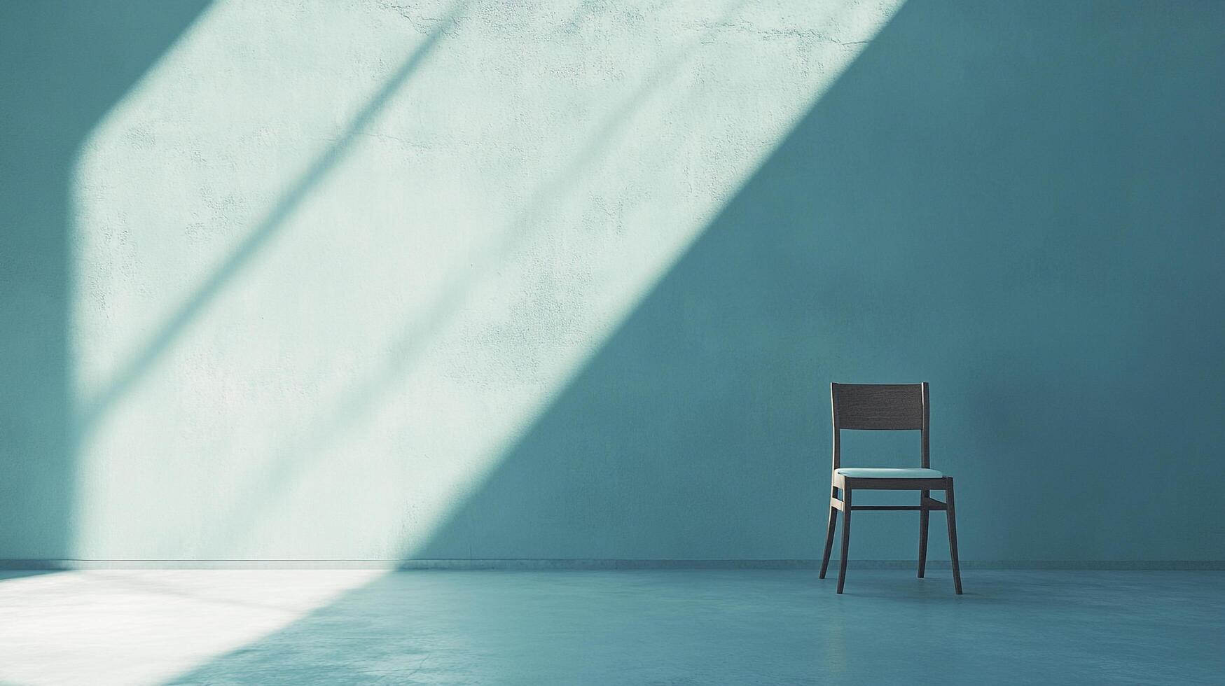 A wooden chair sits in an empty room, illuminated by a beam of sunlight streaming through a window, creating a serene atmosphere. photo