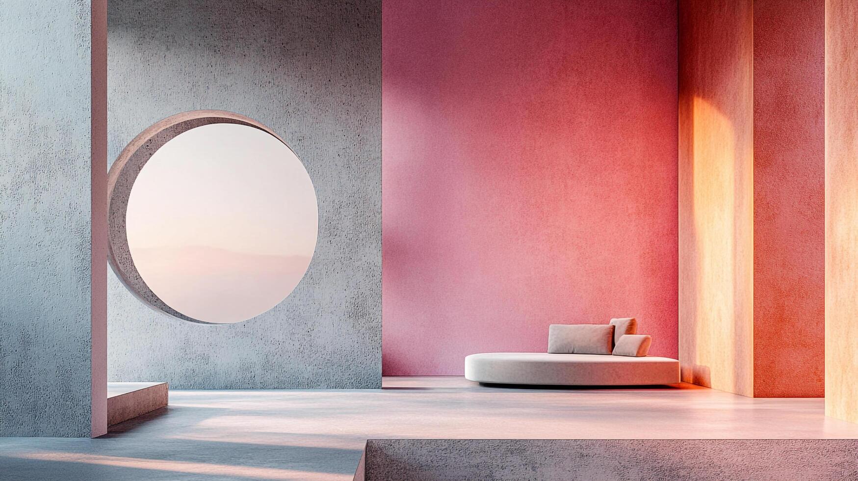 Minimalist pink and grey interior with a circular window, textured walls, and a sleek couch bathed in sunlight. photo