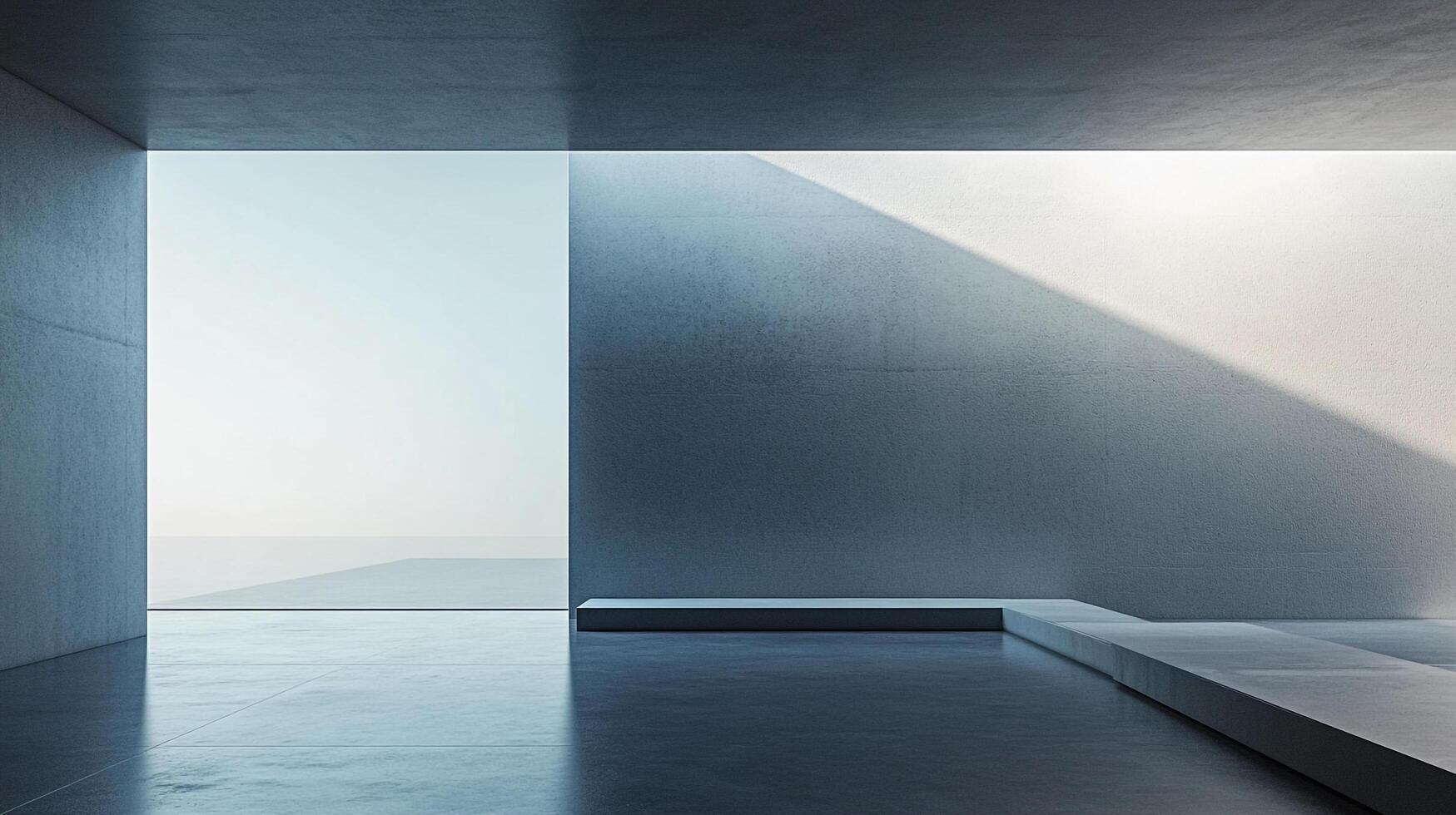 Minimalist architectural space with clean lines, concrete textures, and natural light creating a serene, modern atmosphere. photo