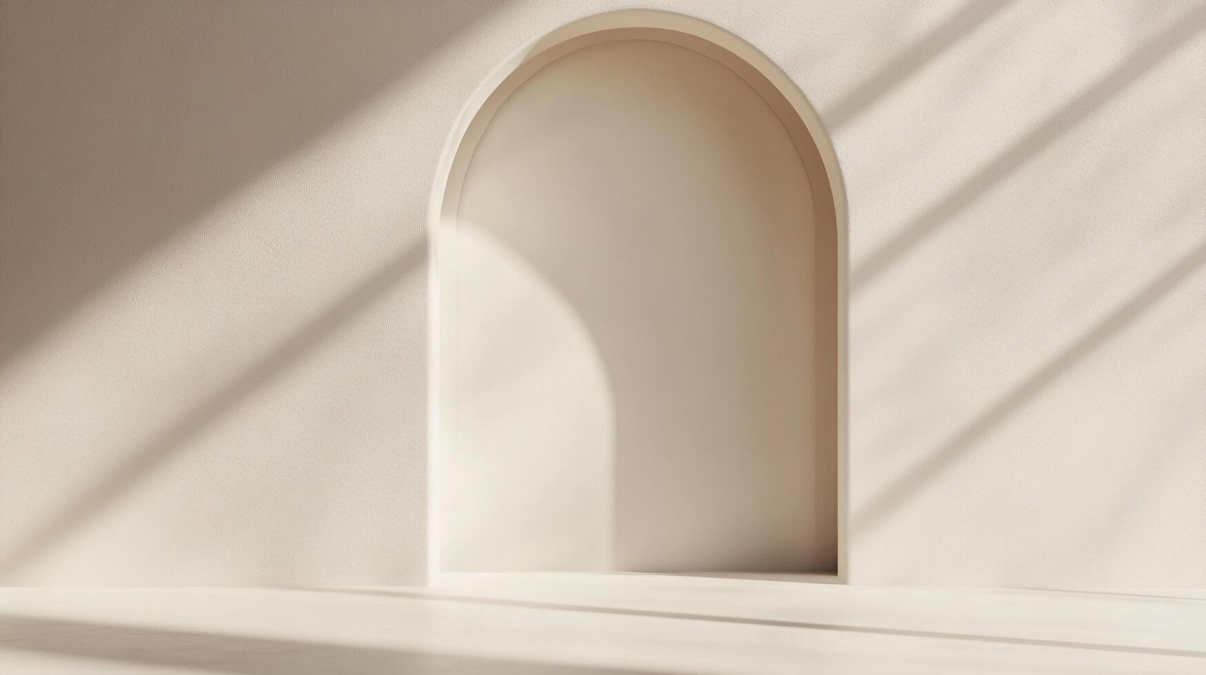 Minimalist interior with a curved archway bathed in soft, sunlit shadows creating a serene and inviting atmosphere. Architectural detail. photo