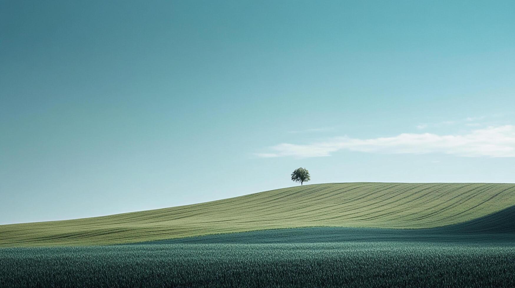 Tranquil countryside scene with a lone tree standing atop a rolling green hill, bathed in the soft light of a clear blue sky. Serene and peaceful. photo