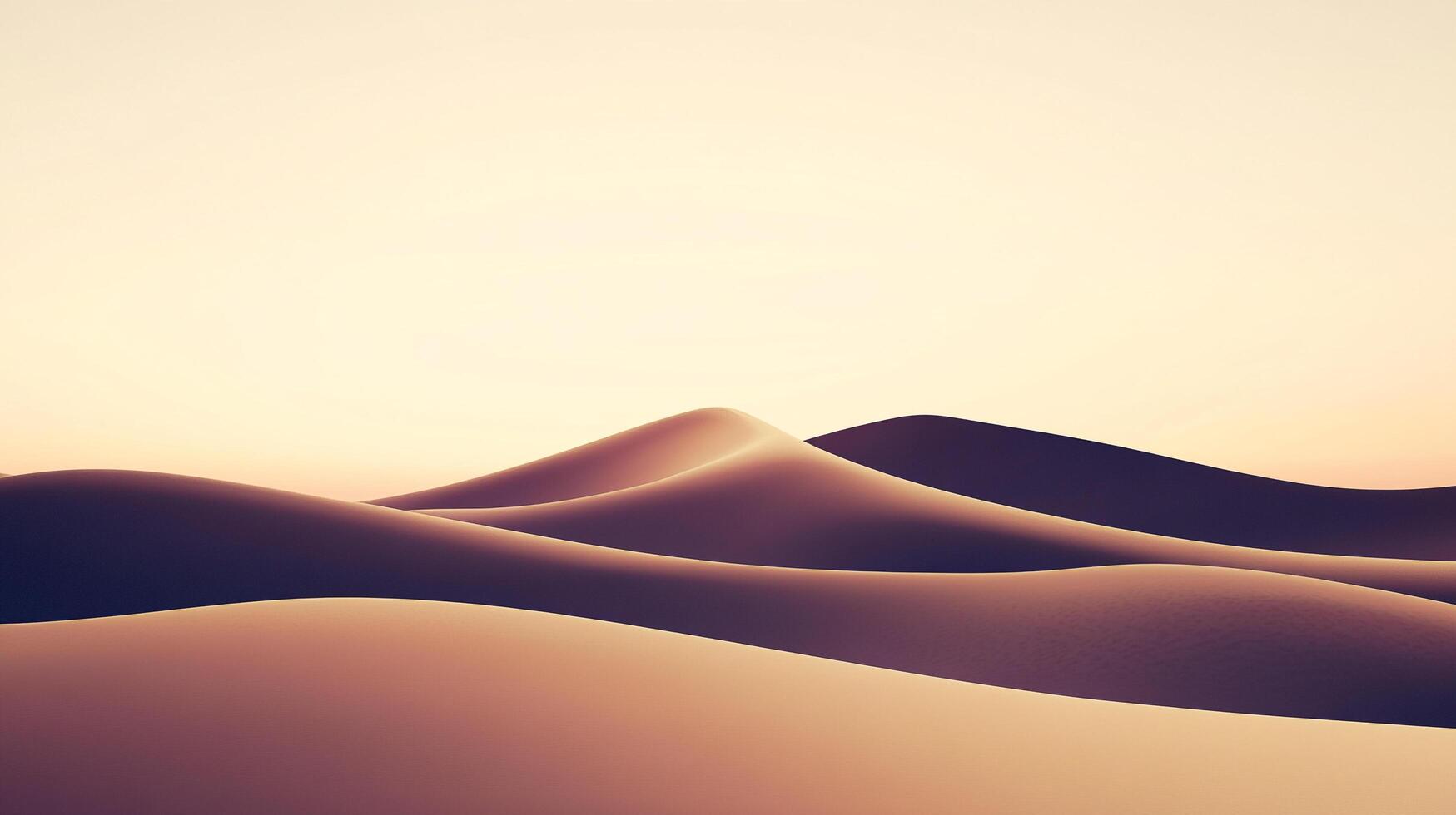 A minimal landscape showing smooth sand dunes under a warm sky. The low-angle sun casts soft shadows, enhancing the curves of the dunes. photo