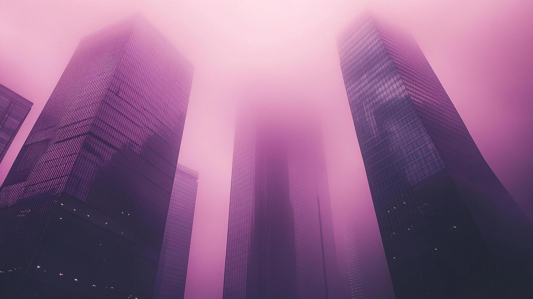 Skyscrapers pierce through the misty sky, their forms obscured by fog. Towering giants of steel and glass fade into the horizon, shrouded in mystery. photo