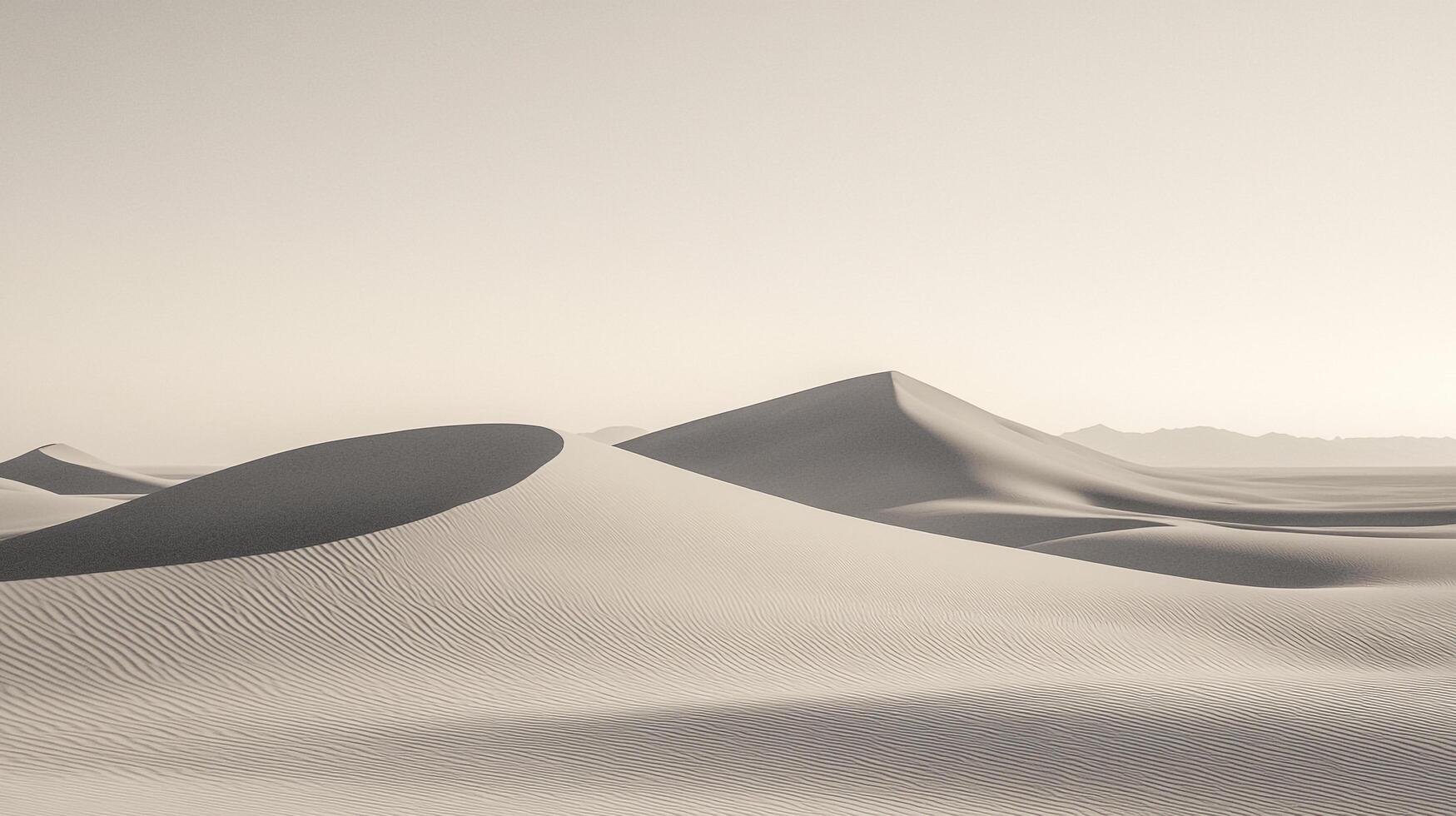 Serene sand dunes stretching towards the horizon, light emphasizing their texture and subtle forms, casting shadows on the landscape. photo