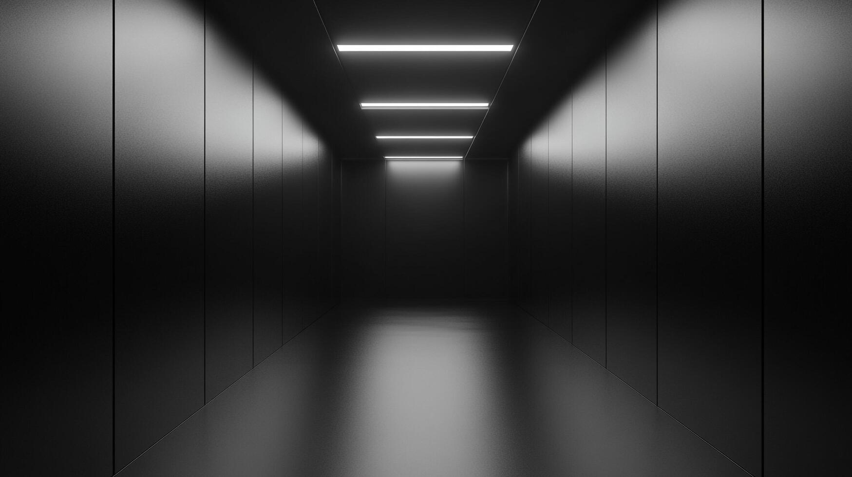 Abstract perspective in an enclosed space featuring a dark monotone palette, minimalist linear illumination, and strong depth. photo