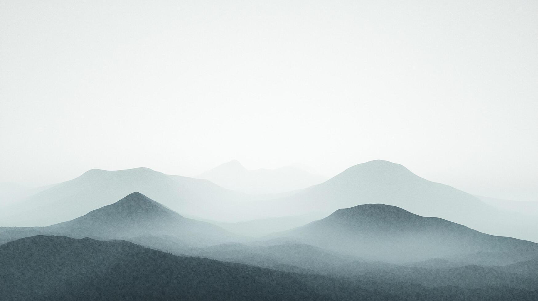 A tranquil landscape painting of layers of blue mountains fading into a misty, white sky creating a serene and peaceful atmosphere. photo