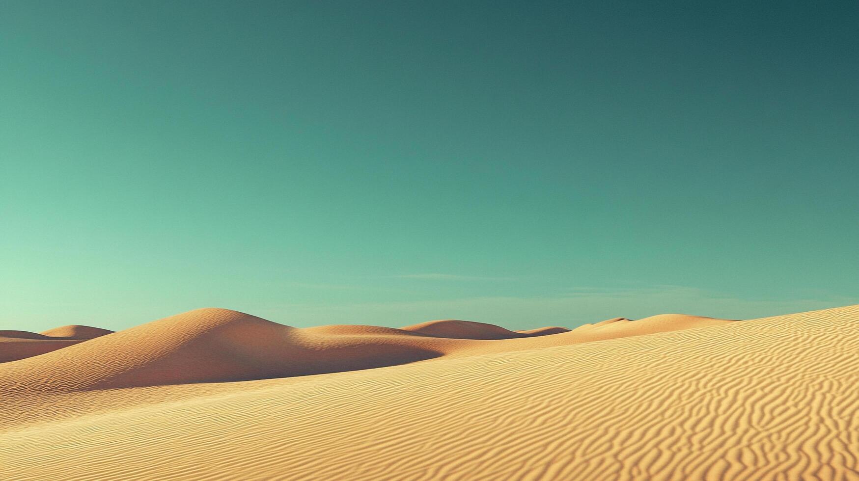 A serene desert landscape features rolling sand dunes under a clear, turquoise sky, conveying peace and the vastness of nature. photo