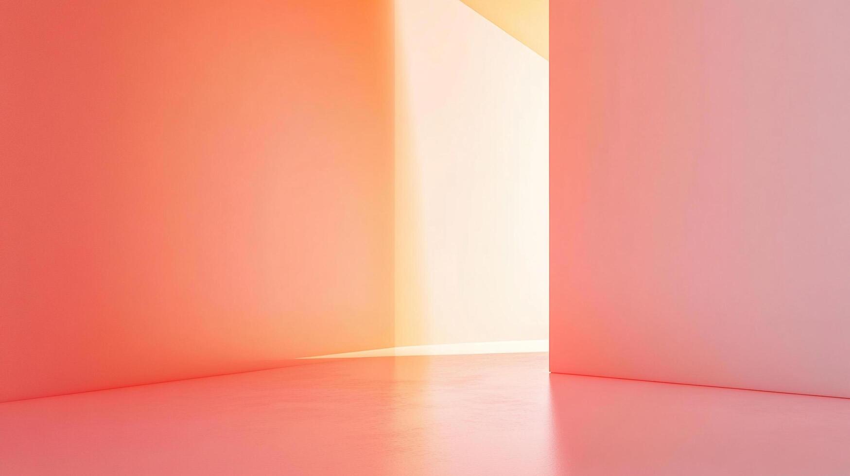 Minimalist interior space bathed in warm light, featuring intersecting walls and a reflective floor in shades of pink and peach. photo