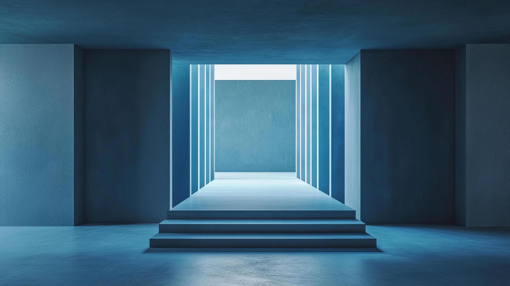 Monochromatic blue corridor with steps leading to a brightly lit exit. Abstract architectural design. Interior with accent lighting. photo