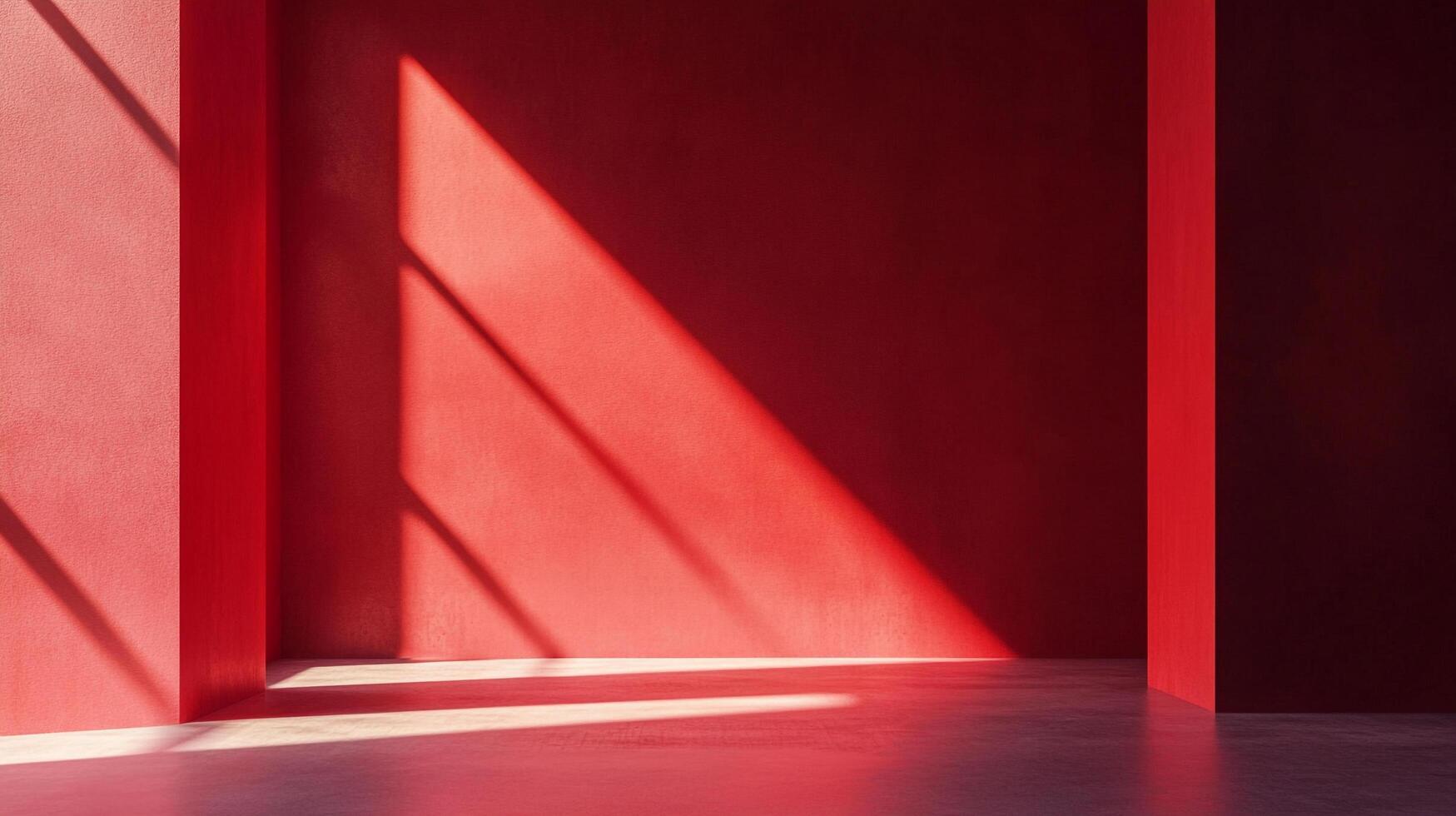 A striking image of a red room bathed in light, creating sharp contrasts and geometric patterns on the walls and floor. Minimalist design. photo