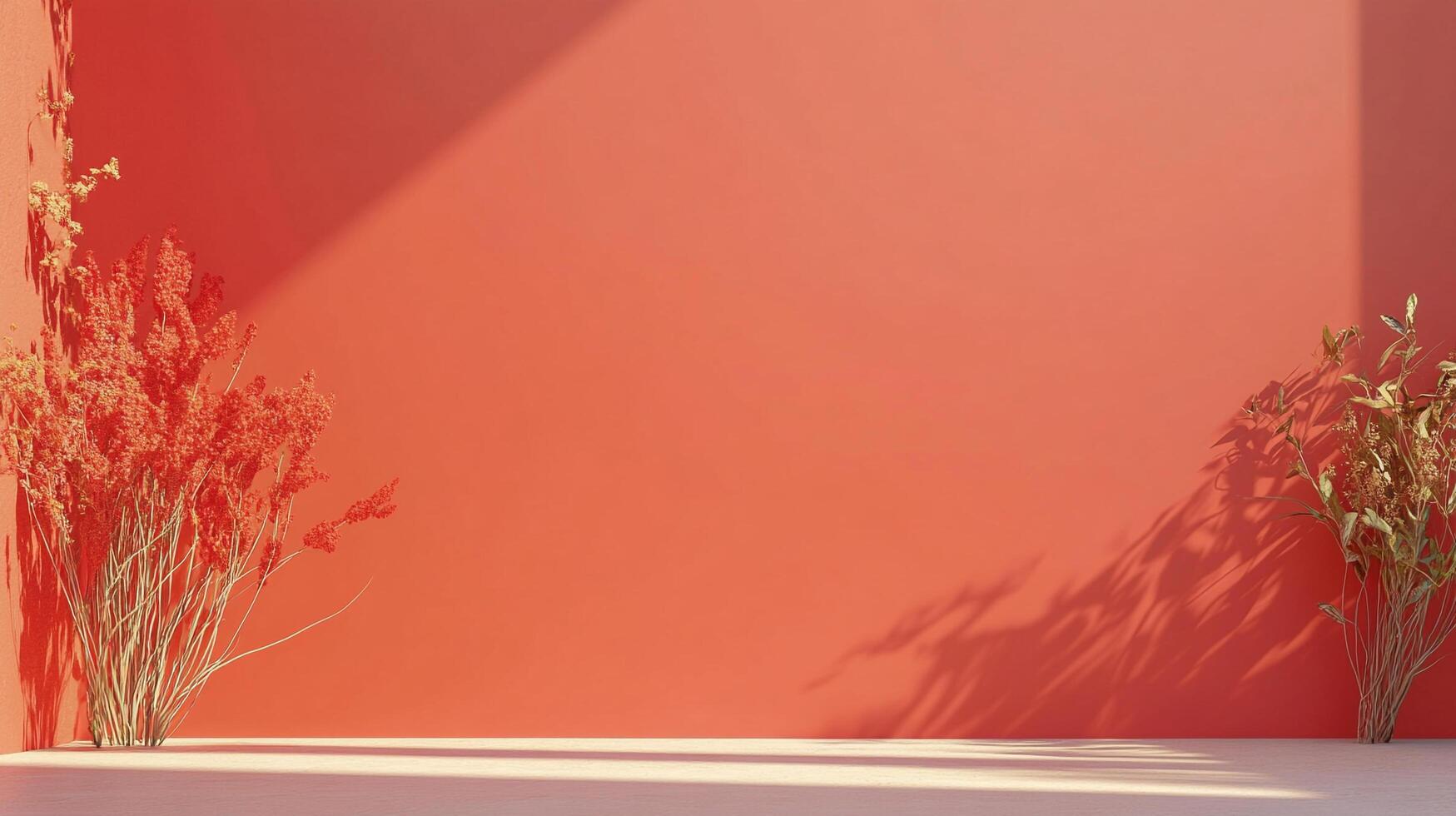 Minimalist orange backdrop with dried floral arrangements casting shadows, creating a warm, inviting, and versatile visual space. photo