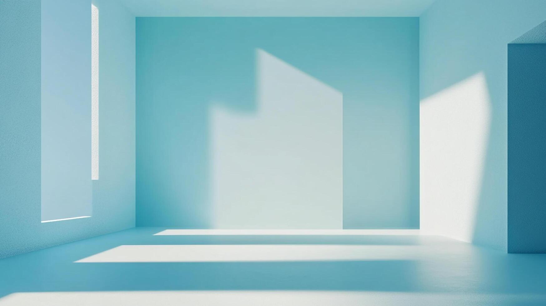 Minimalist blue room interior featuring natural light and geometric shadows creating a serene and clean space. Empty for contemplation. photo
